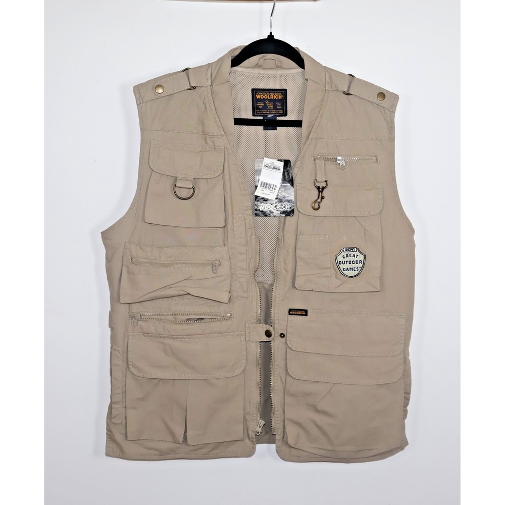 Woolrich John Rich Vest Size Men Medium Khaki Tan Safari Fishing Travel Utility